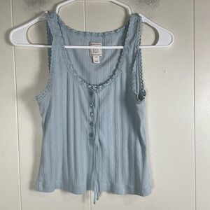 GAP DOEN Blue Ribbed Lace Trim Button Front Tank Top Women's XS